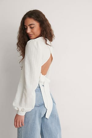 White Tie Back LS Check Blouse