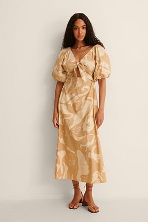 Beige Combo Tie Front Cotton Maxi Dress