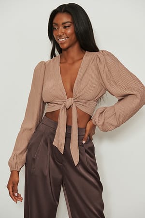 Beige Strukturierte Bluse mit Schnürung vorne