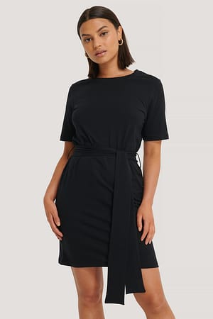 Deep Black Tie Waist T-shirt Dress