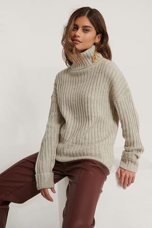 Grey Melange Pull En Tricot Côtelé À Col Roulé