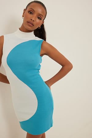 Blue/White Tweekleurige gebreide mini-jurk