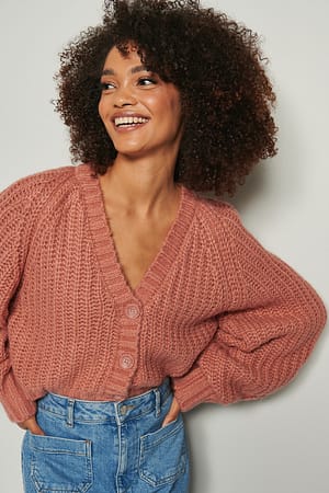 Dusty Dark Pink Knitted V-Neck Cardigan