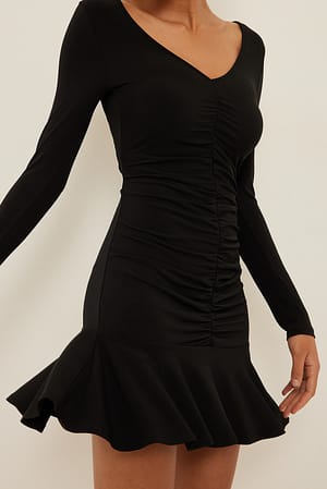 Black V-Neck Frill Detail Mini Dress