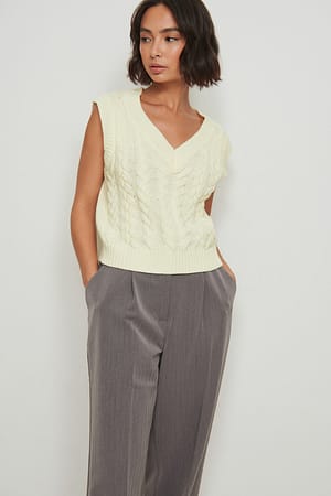Offwhite V-Neck Knitted Cable Vest