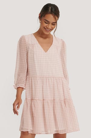 Pink Check V-neck Checked Dress