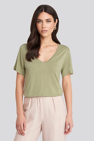 Light Khaki Viscose V-Neck Tee
