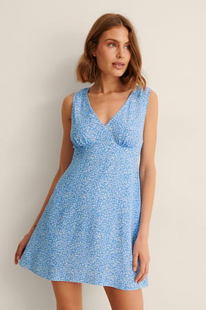 Blue Print V-Neck Mini Dress
