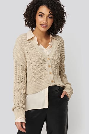 Beige Große Waffelstrickbluse