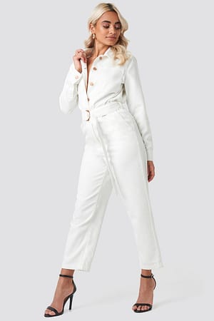 Beige Waist Belt Denim Jumpsuit