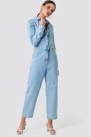 Light Blue Wash Waist Belt Denim Jumpsuit