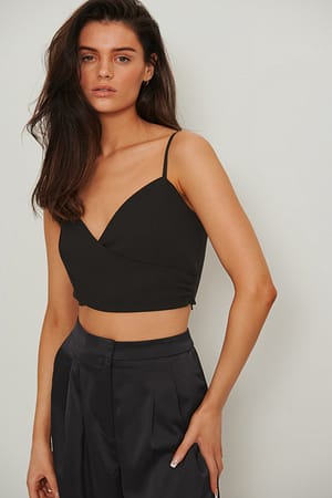 Black Wrap Front Satin Top