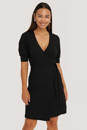 Black Wrap Puff Sleeve Dress