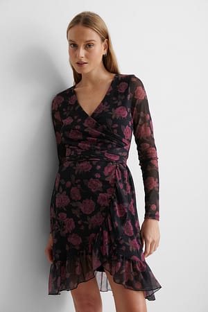 Flower Mesh-Wickelkleid Mit Schnürung