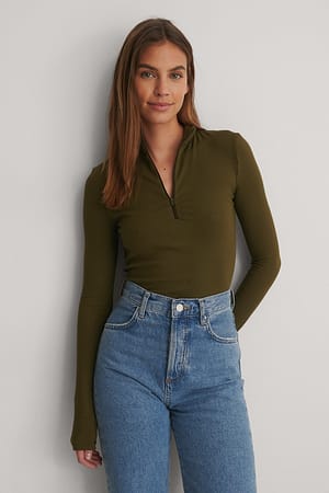 Khaki Zip Detail Top