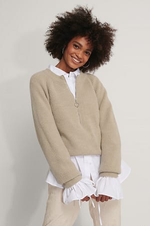 Beige Gebreide trui met rits aan de voorkant
