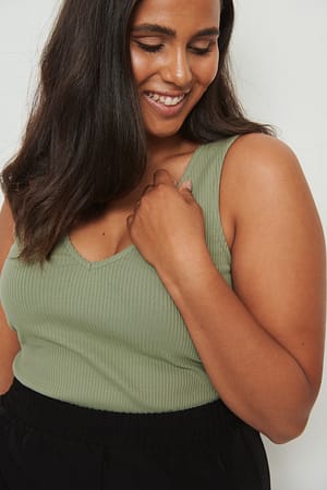 Light Khaki Organic V-Neck Rib Top