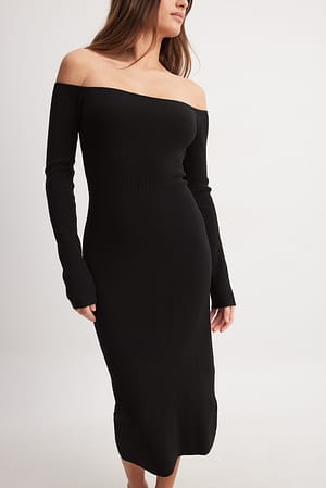 Black Vestido midi de punto sin hombros
