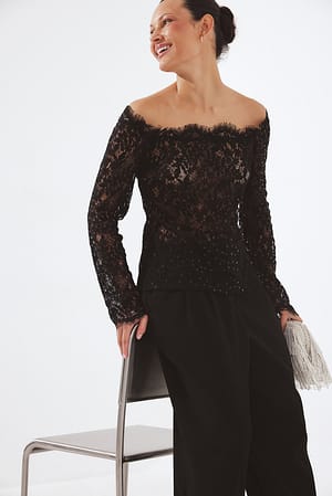 Black Off Shoulder Lace Sequin Top