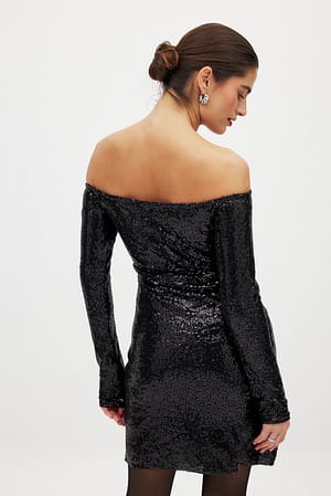 Black Off Shoulder Sequin Mini Dress