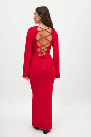 Red Open Back Lace Detail Knitted Maxi Dress