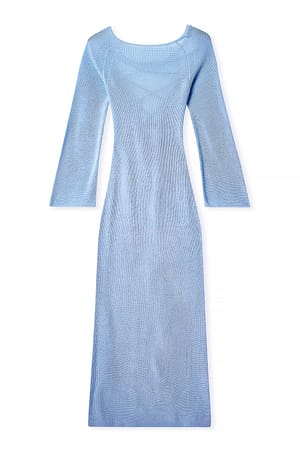Light Blue Strick-Maxikleid mit Spitzenbesatz und offenem Rücken