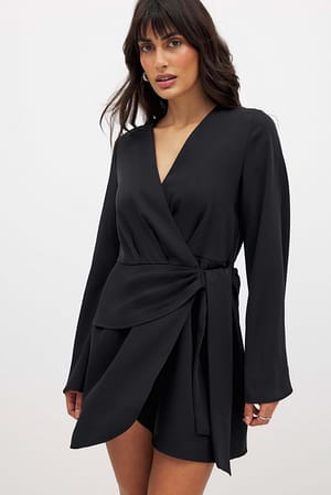 Black Overlap Wrap Mini Dress