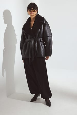 Black Oversized Belted Shearling Jacket