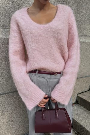 Light Pink Oversize-Strickpullover aus Alpaka-Mix mit Rundhalsausschnitt