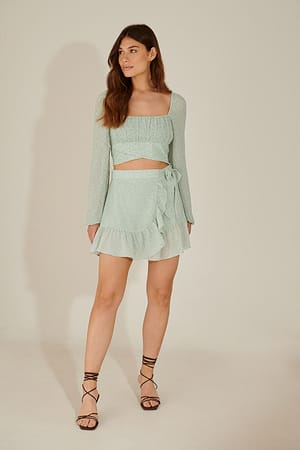 Mini Leaves Green Gerecycled asymmetrisch minirok met ruches
