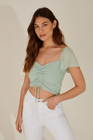 Vintage Mint Resirkulert kort bluse med blomstrete ermer