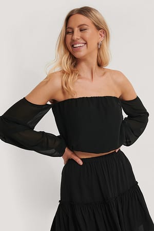 Black Recycled off-shoulder-klänning med ballongärm