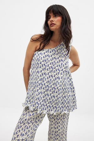 Flower Print Pleated One Shoulder Top