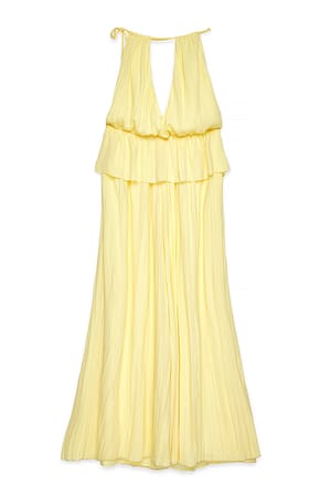 Light Yellow Plisseret maxikjole med V-udskæring