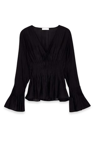 Black Bluse mit Rüschenärmeln und plissierter Taille
