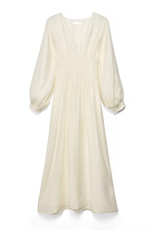 Cream Pleated Waist V Neck Midi Dress