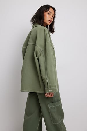Green Pocket Detailed Oversized Denim Shirt