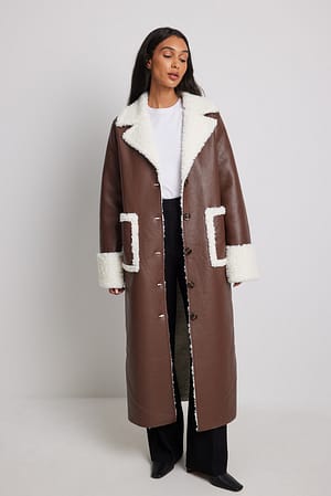 Chocolate Brown PU Coat with Teddy Details