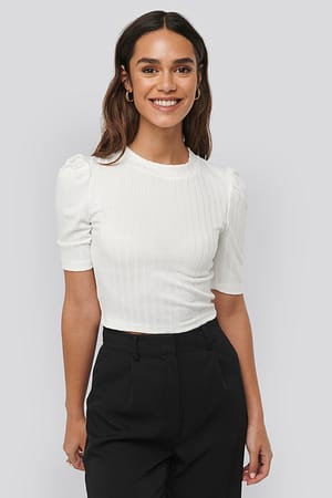 Offwhite Puff Sleeve Cropped Ribbed Top
