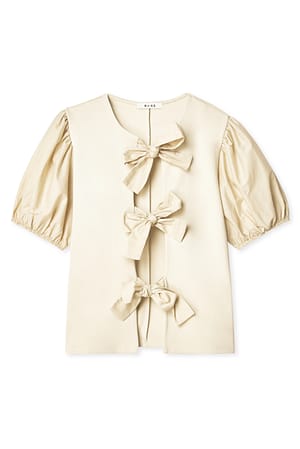 Beige Top con mangas abullonadas y atadura