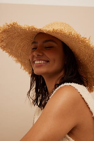 Beige Raw Edge Floppy Straw Hat