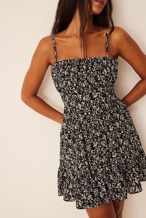 Black Flower Print Gerecyclede mini-jurk met ruches