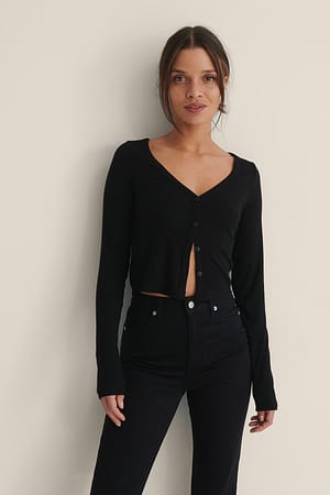 Black Rib Button Cardigan