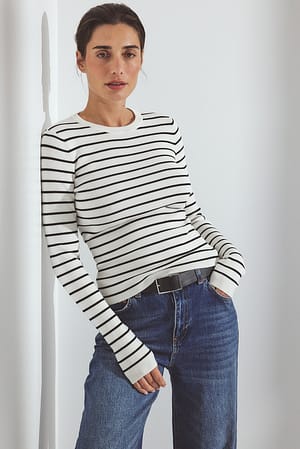 White/Black stripe Ribbed Knitted Round Neck Top