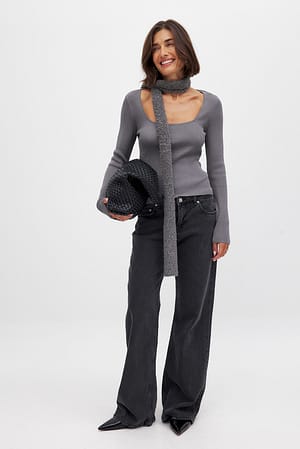Grey Ribbed Knitted Square Neck Top