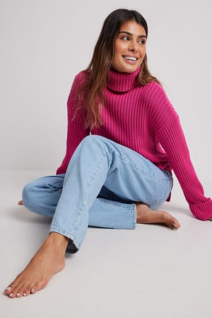 Fuchsia Gerippter Strickpullover mit Rollkragen