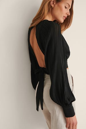 Black Open Back Pleated Blouse