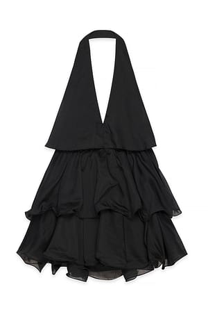 Black Rose Detail Ruffle Mini Dress