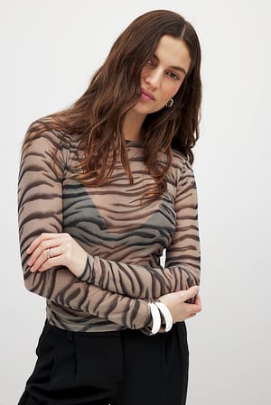 Beige Animal Print Nauwsluitende mesh top met ronde hals