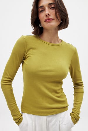 Green Round Neck Rib Long Sleeve Top